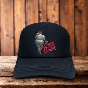 Crack Kills Mens Trucker Hat Black Retro Y2K 90s Anti-Drug PSA Logo Funny Cap